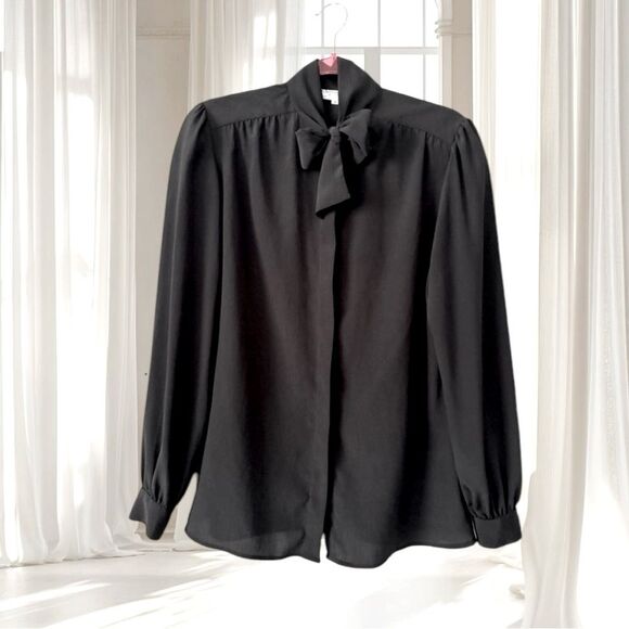 VTG Christian Dior Black Tie Neck Button Down Blouse Size 8 - Picture 1 of 11